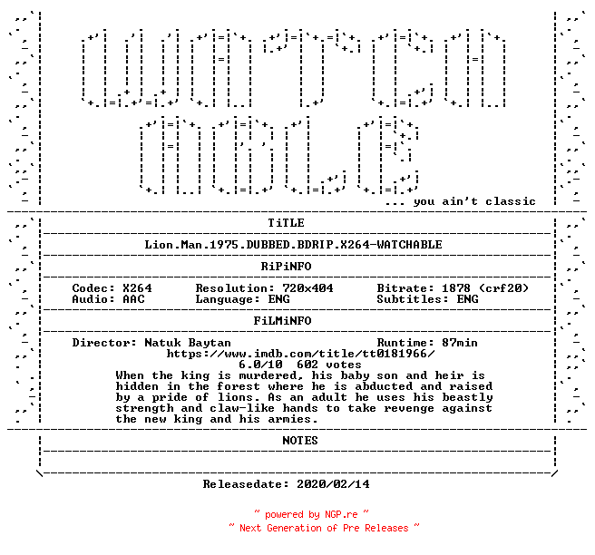 NFO for the release Lion.Man.1975.DUBBED.BDRIP.X264-WATCHABLE by WATCHABLE