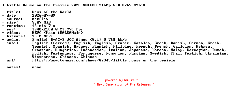 NFO for the release Little.House.on.the.Prairie.2026.S01E03.2160p.WEB.H265-SYLiX by SYLiX