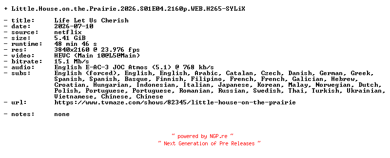 NFO for the release Little.House.on.the.Prairie.2026.S01E04.2160p.WEB.H265-SYLiX by SYLiX