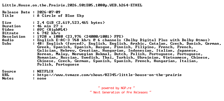 NFO for the release Little.House.on.the.Prairie.2026.S01E05.1080p.WEB.h264-ETHEL by ETHEL