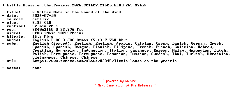 NFO for the release Little.House.on.the.Prairie.2026.S01E07.2160p.WEB.H265-SYLiX by SYLiX