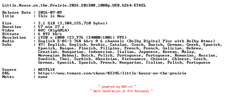 NFO for the release Little.House.on.the.Prairie.2026.S01E08.1080p.WEB.h264-ETHEL by ETHEL