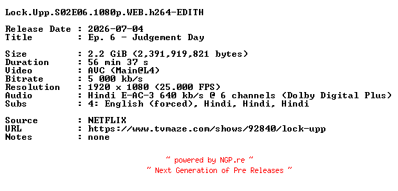 NFO for the release Lock.Upp.S02E06.1080p.WEB.h264-EDITH by EDITH