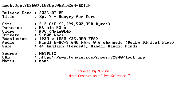 NFO for the release Lock.Upp.S02E07.1080p.WEB.h264-EDITH by EDITH