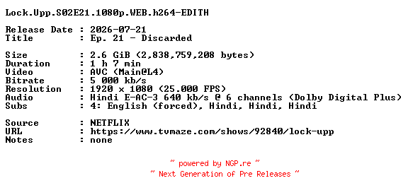NFO for the release Lock.Upp.S02E21.1080p.WEB.h264-EDITH by EDITH