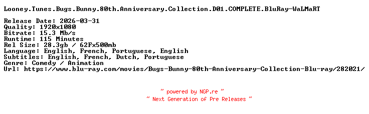 NFO for the release Looney.Tunes.Bugs.Bunny.80th.Anniversary.Collection.D01.COMPLETE.BluRay-WaLMaRT by WaLMaRT