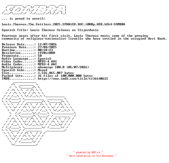 NFO for the release Louis.Theroux.The.Settlers.2025.SPANiSH.DOC.1080p.WEB.h264-SOMBRA by SOMBRA
