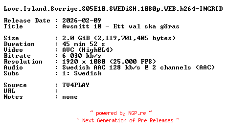 NFO for the release Love.Island.Sverige.S05E10.SWEDiSH.1080p.WEB.h264-INGRID by INGRID