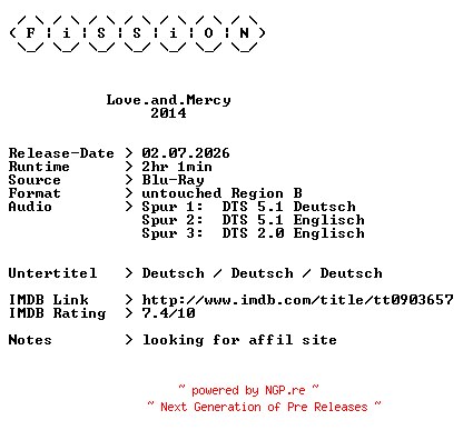 NFO for the release Love.and.Mercy.2014.DUAL.COMPLETE.BLURAY-FiSSiON by FiSSiON
