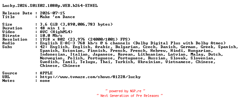 NFO for the release Lucky.2026.S01E02.1080p.WEB.h264-ETHEL by ETHEL
