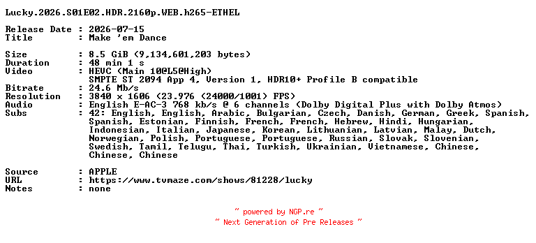 NFO for the release Lucky.2026.S01E02.HDR.2160p.WEB.h265-ETHEL by ETHEL