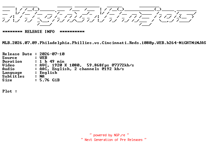 NFO for the release MLB.2026.07.09.Philadelphia.Phillies.vs.Cincinnati.Reds.1080p.WEB.h264-NiGHTNiNJAS by NiGHTNiNJAS