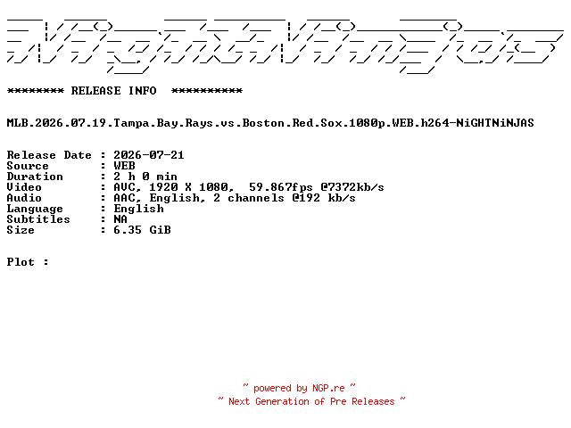 NFO for the release MLB.2026.07.19.Tampa.Bay.Rays.vs.Boston.Red.Sox.1080p.WEB.h264-NiGHTNiNJAS by NiGHTNiNJAS