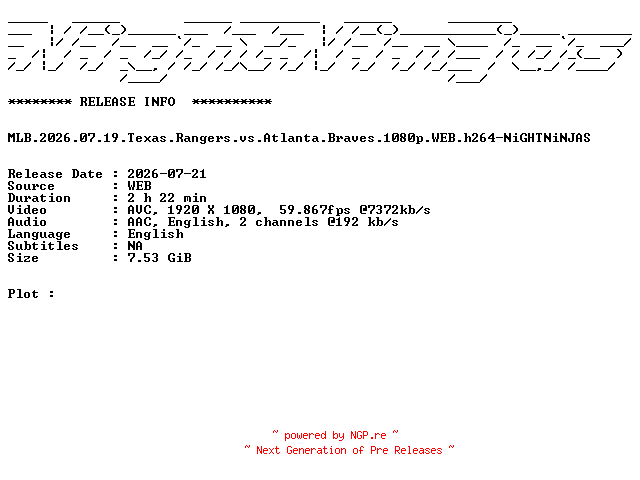 NFO for the release MLB.2026.07.19.Texas.Rangers.vs.Atlanta.Braves.1080p.WEB.h264-NiGHTNiNJAS by NiGHTNiNJAS