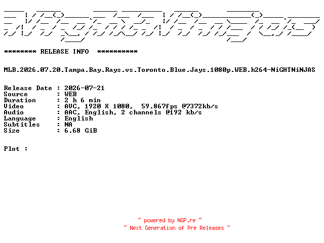 NFO for the release MLB.2026.07.20.Tampa.Bay.Rays.vs.Toronto.Blue.Jays.1080p.WEB.h264-NiGHTNiNJAS by NiGHTNiNJAS