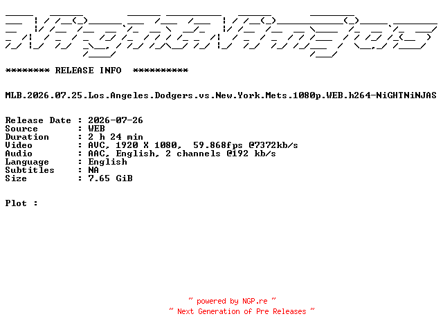 NFO for the release MLB.2026.07.25.Los.Angeles.Dodgers.vs.New.York.Mets.1080p.WEB.h264-NiGHTNiNJAS by NiGHTNiNJAS