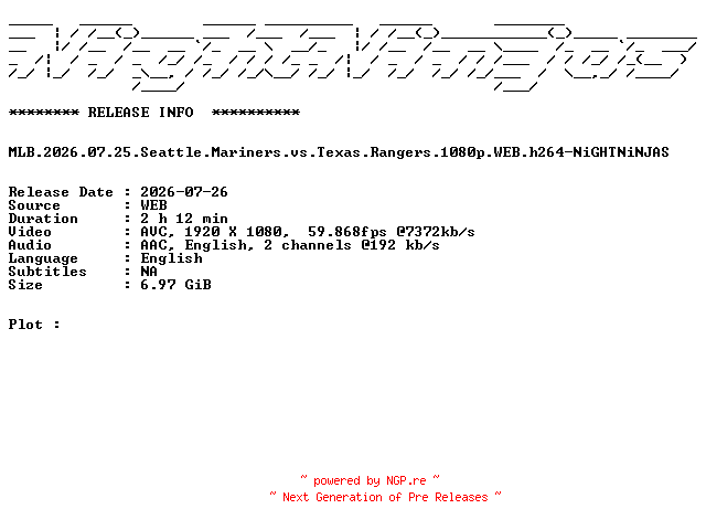 NFO for the release MLB.2026.07.25.Seattle.Mariners.vs.Texas.Rangers.1080p.WEB.h264-NiGHTNiNJAS by NiGHTNiNJAS