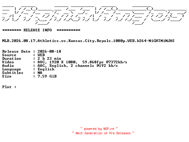 NFO for the release MLB.2026.08.17.Athletics.vs.Kansas.City.Royals.1080p.WEB.h264-NiGHTNiNJAS by NiGHTNiNJAS