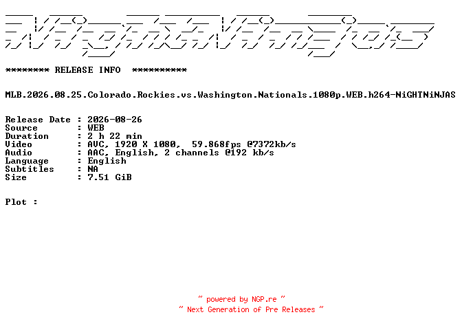 NFO for the release MLB.2026.08.25.Colorado.Rockies.vs.Washington.Nationals.1080p.WEB.h264-NiGHTNiNJAS by NiGHTNiNJAS