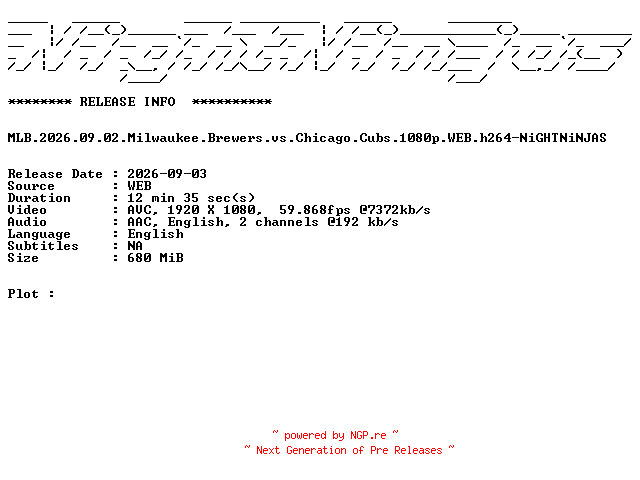 NFO for the release MLB.2026.09.02.Milwaukee.Brewers.vs.Chicago.Cubs.1080p.WEB.h264-NiGHTNiNJAS by NiGHTNiNJAS