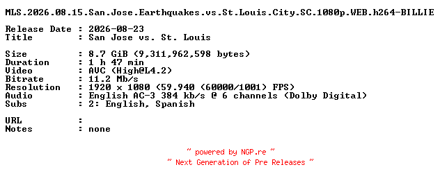NFO for the release MLS.2026.08.15.San.Jose.Earthquakes.vs.St.Louis.City.SC.1080p.WEB.h264-BILLIE by BILLIE