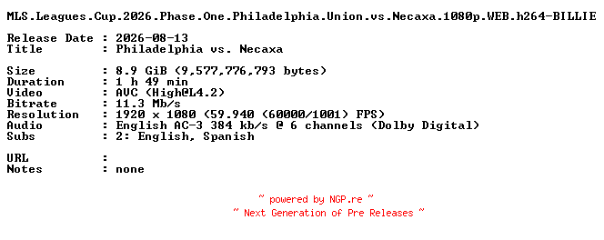 NFO for the release MLS.Leagues.Cup.2026.Phase.One.Philadelphia.Union.vs.Necaxa.1080p.WEB.h264-BILLIE by BILLIE