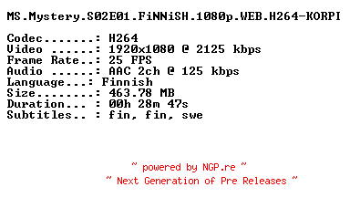 NFO for the release MS.Mystery.S02E01.FiNNiSH.1080p.WEB.H264-KORPI by KORPI