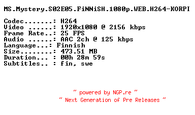 NFO for the release MS.Mystery.S02E05.FiNNiSH.1080p.WEB.H264-KORPI by KORPI