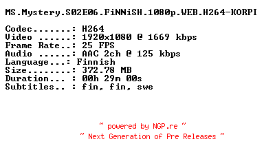 NFO for the release MS.Mystery.S02E06.FiNNiSH.1080p.WEB.H264-KORPI by KORPI
