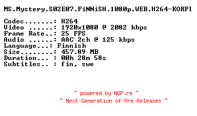 NFO for the release MS.Mystery.S02E07.FiNNiSH.1080p.WEB.H264-KORPI by KORPI
