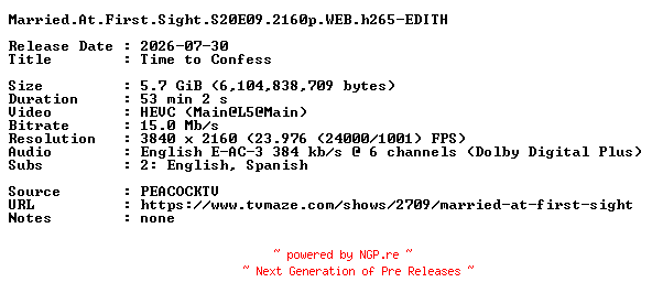 NFO for the release Married.At.First.Sight.S20E09.2160p.WEB.h265-EDITH by EDITH