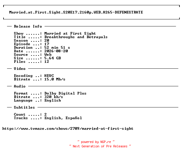 NFO for the release Married.at.First.Sight.S20E17.2160p.WEB.H265-DEFENESTRATE by DEFENESTRATE