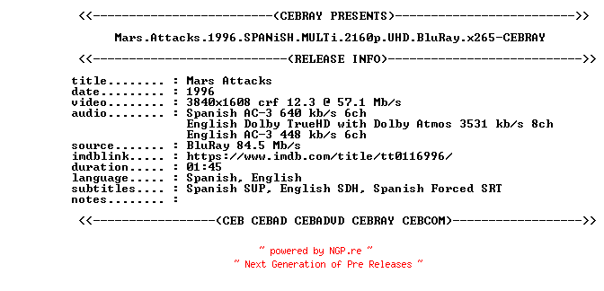 NFO for the release Mars.Attacks.1996.SPANiSH.MULTi.2160p.UHD.BluRay.x265-CEBRAY by CEBRAY