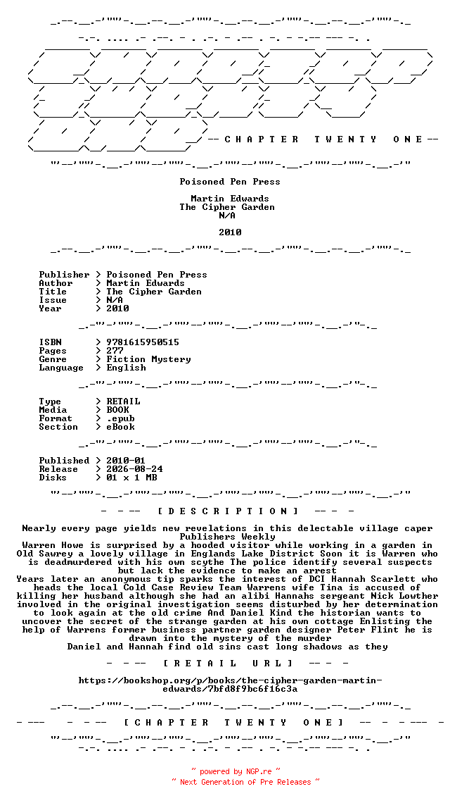NFO for the release Martin.Edwards.-.The.Cipher.Garden.2010.RETAIL.EPUB.eBook-CTO by CTO