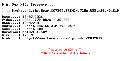 NFO for the release Masha.and.the.Bear.S07E07.FRENCH.720p.WEB.x264-D4KiD by D4KiD