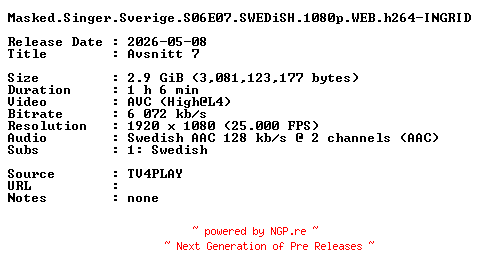 NFO for the release Masked.Singer.Sverige.S06E07.SWEDiSH.1080p.WEB.h264-INGRID by INGRID