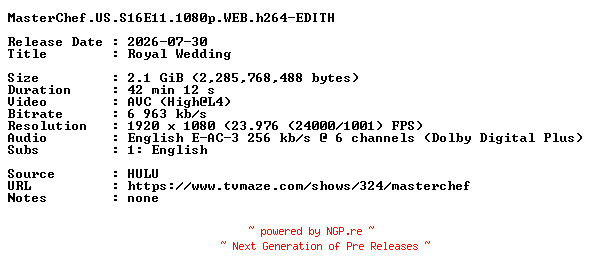 NFO for the release MasterChef.US.S16E11.1080p.WEB.h264-EDITH by EDITH