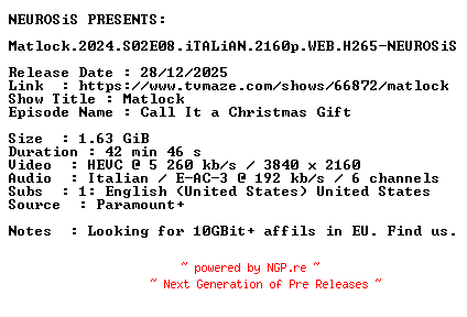 NFO for the release Matlock.2024.S02E08.iTALiAN.2160p.WEB.H265-NEUROSiS by NEUROSiS