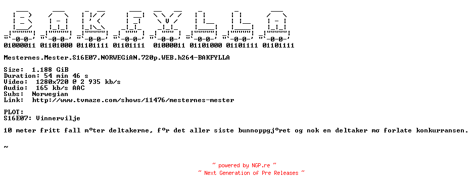 NFO for the release Mesternes.Mester.S16E07.NORWEGiAN.720p.WEB.h264-BAKFYLLA by BAKFYLLA