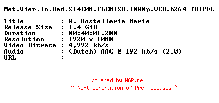 NFO for the release Met.Vier.In.Bed.S14E08.FLEMISH.1080p.WEB.h264-TRIPEL by TRIPEL