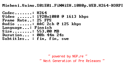NFO for the release Mieheni.Vaimo.S01E01.FiNNiSH.1080p.WEB.H264-KORPI by KORPI