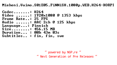 NFO for the release Mieheni.Vaimo.S01E05.FiNNiSH.1080p.WEB.H264-KORPI by KORPI