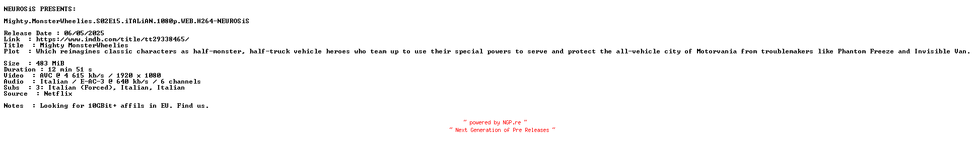 NFO for the release Mighty.MonsterWheelies.S02E15.iTALiAN.1080p.WEB.H264-NEUROSiS by NEUROSiS