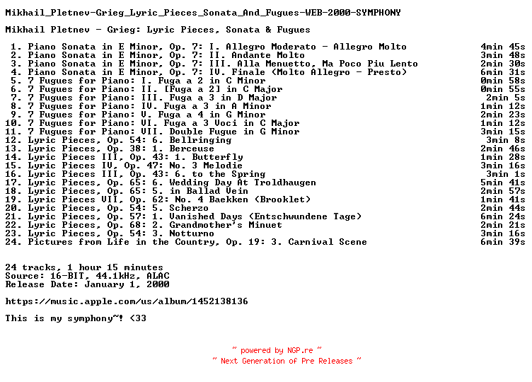 NFO for the release Mikhail_Pletnev-Grieg_Lyric_Pieces_Sonata_And_Fugues-WEB-2000-SYMPHONY by SYMPHONY