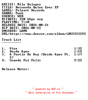 NFO for the release Milo_Kolapzo-Recuerda_Quien_Eres_EP-WEB-ES-2026-SDR by SDR