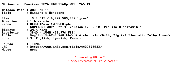 NFO for the release Minions.and.Monsters.2026.HDR.2160p.WEB.h265-ETHEL by ETHEL