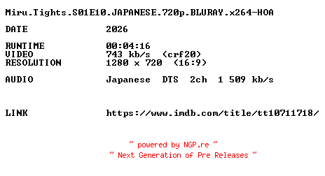 NFO for the release Miru.Tights.S01E10.JAPANESE.720p.BLURAY.x264-HOA by HOA