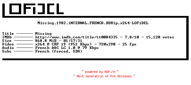 NFO for the release Missing.1982.iNTERNAL.FRENCH.BDRip.x264-LOFiDEL by LOFiDEL