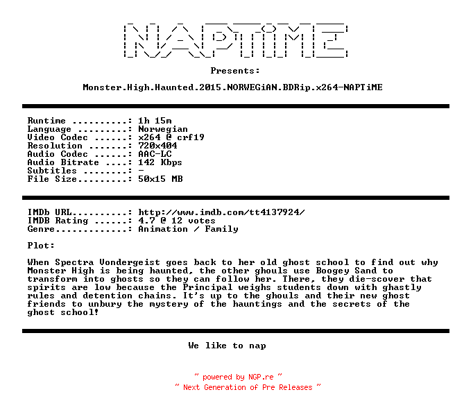 NFO for the release Monster.High.Haunted.2015.NORWEGiAN.BDRip.x264-NAPTiME by NAPTiME
