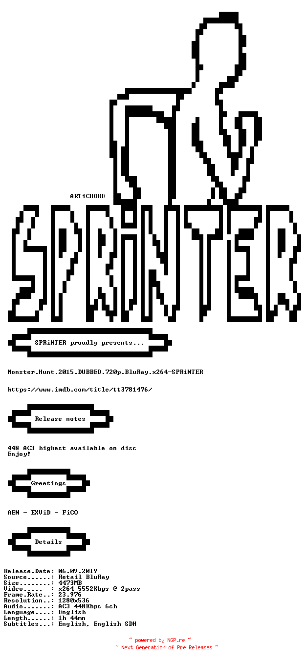 NFO for the release Monster.Hunt.2015.DUBBED.720p.BluRay.x264-SPRiNTER by SPRiNTER